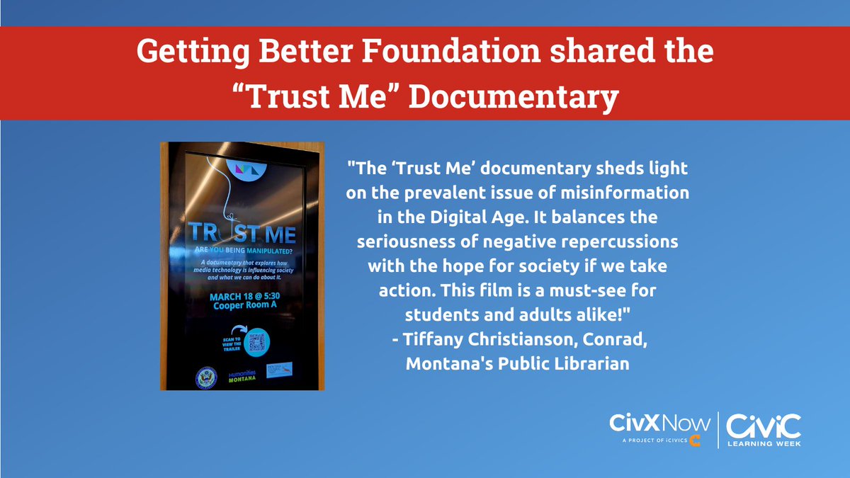 Our partner, the Getting Better Foundation, shared their documentary titled, “Trust Me” which explores the misinformation faced in today’s digital age during #CivicLearningWeek. Thank you for highlighting the need to make civic education a nationwide priority!