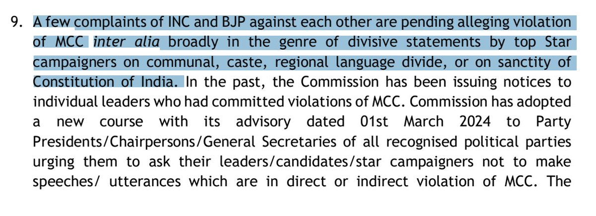 The ECI acknowledges its pending decision on divisive statements made by the candidates “on communal, caste, regional language divide, or on the sanctity of the Constitution of India.” It goes unsaid – a decision delayed is a decision denied. 🤐 2/10

m.thewire.in/article/commun…