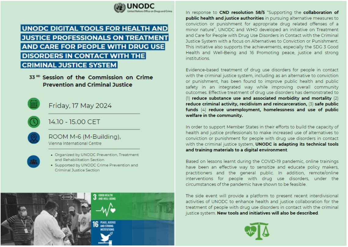 Join us at #CCPCJ33 side event on '@UNODC #digital tools 4 #health & #justice professionals on #treatment & care for #PWDUD in contact w/ criminal justice system' Find out about our new eLearning tools! 🗓️17.05 ⏰14:10-15:00 📍M6 💻bit.ly/4ap1mf5 #Health4Justice #ATI