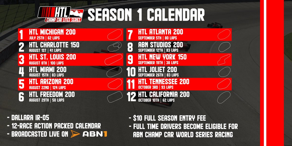 Full calendar reveal for the HTL Champ Car Lites Series set to take place on Thursday evenings starting July 25th! Series registration is open now for current HTL members, with ABN eSports members also invited to join in. @HTLRacingLeague | @ABNeSports_US
