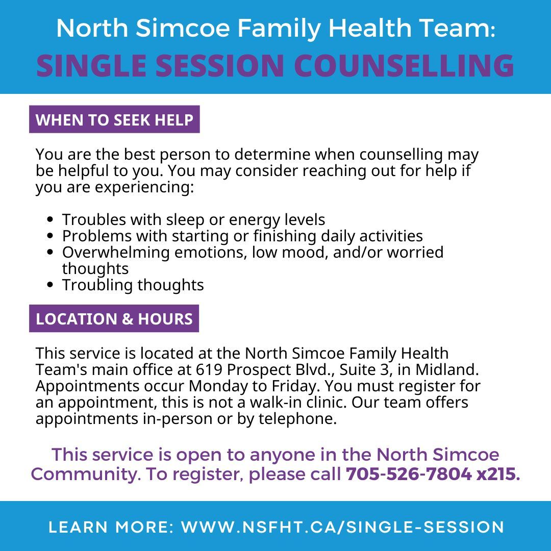 The North Simcoe Family Health Team's single-session counselling service provides a one-time appointment with a certified clinician, tailored to address your current concern. To learn more visit: nsoht.ca. #MentalHealthMatters #MentalHealthCare #OntarioHealthTeam