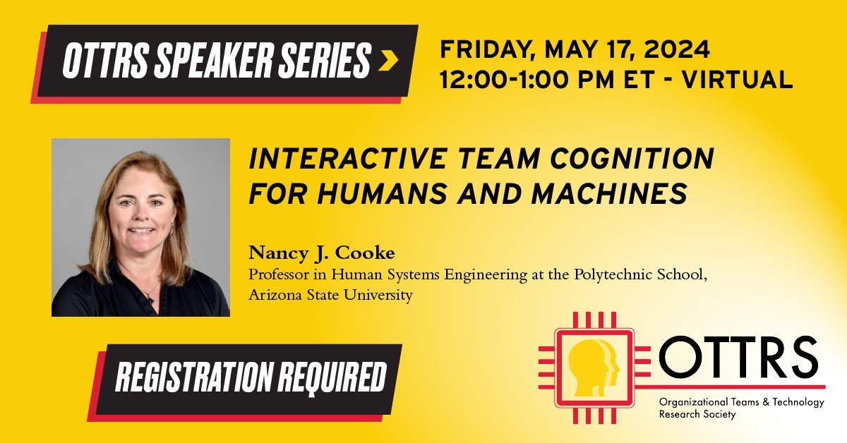 TOMORROW: Don't miss out on Professor Nancy J. Cooke's enlightening talk on team cognition! Register now for insights that can improve your team's performance. 🏁 🔗brnw.ch/21wJQd1 #teamcognition