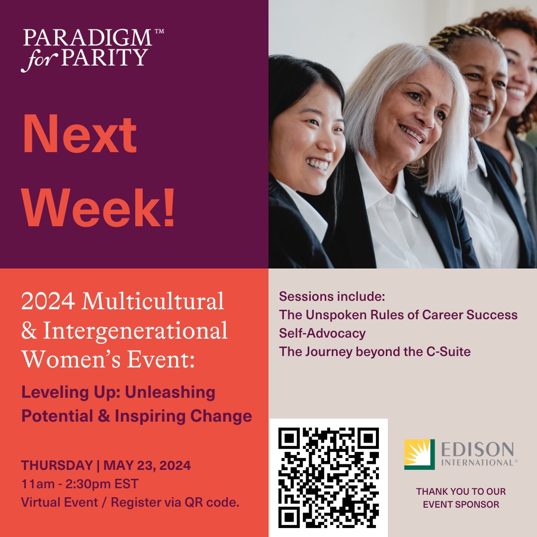 Join us next week 5/23 for the Multicultural & Intergenerational Women's Event! We'll be discussing the The Unspoken Rules of #CareerSuccess along with many other crucial conversations on #careerdevelopment. This free, virtual event is open to all! paradigm4parity.org/multicultural-…