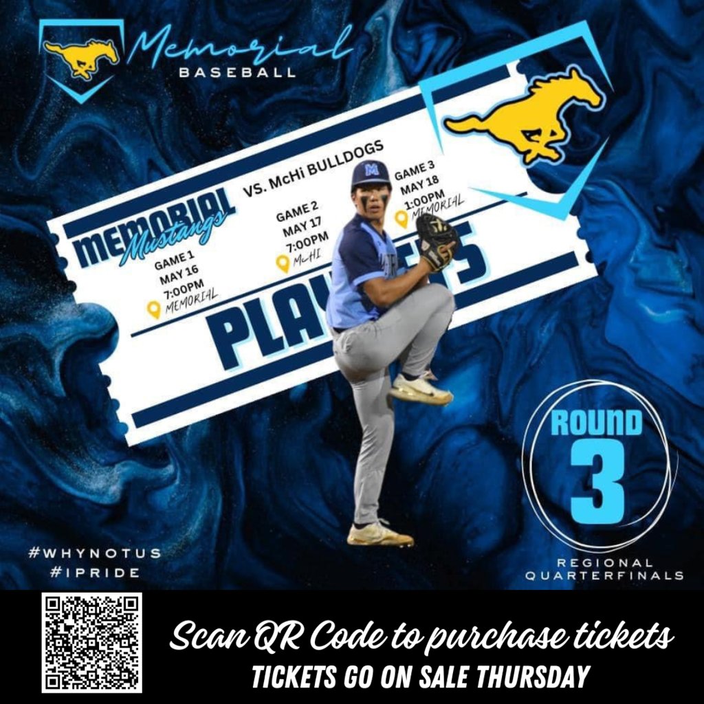 🩵⚾Round 3 starts TONIGHT! ⚾💛 Tickets will be sold online. Scan QR Code or click the link below to purchase: tinyurl.com/4hbf3e66 Go Big Blue! #1PRIDE #believe #mcallenisd