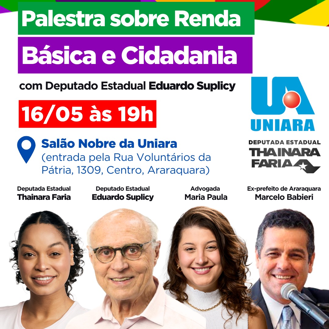 Deixo aqui um alô para os moradores de Araraquara. Hoje estarei na cidade para uma palestra na @uniara sobre a Renda Básica de Cidadania, ao lado da deputada @thainarafariapt, do ex-Prefeito Marcelo Barbieri e da advogada Maria Paula. Espero encontrar você lá! #RendaBásicaJá