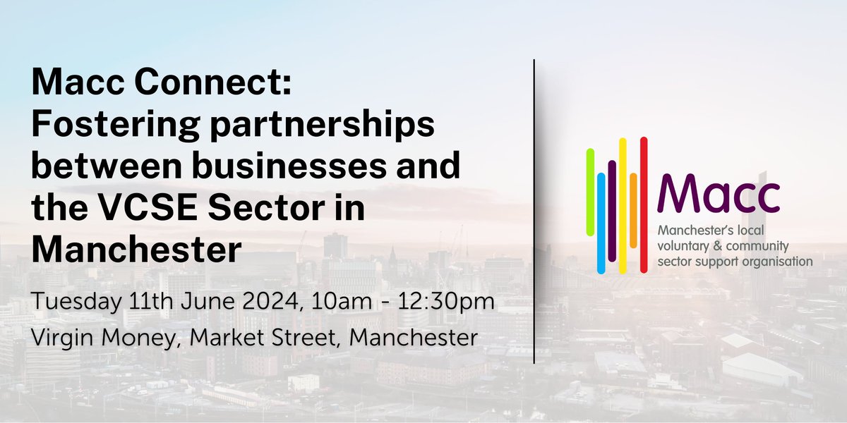 Calling all #businesses! Join us for a free networking event to learn about the VCSE sector, and how you can support the #Manchester charities. We'd love to hear from your business on the experience/ideas you have to feed into new methods of working. ow.ly/XsgX50RIfPy