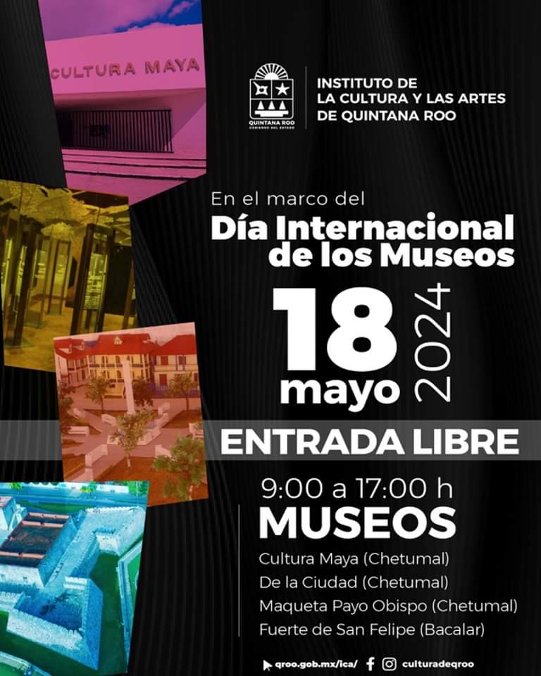 Este Día Internacional de los Museos 🏛, les invitamos a visitar los de #QuintanaRoo y conocer la historia de nuestro estado. ¡La entrada será gratuita! 🙌🏽 Les esperamos este 18 de mayo, de 9 a 17 hrs en: 📍Museo de la Cultura Maya en Chetumal 📍Museo De la Ciudad en Chetumal