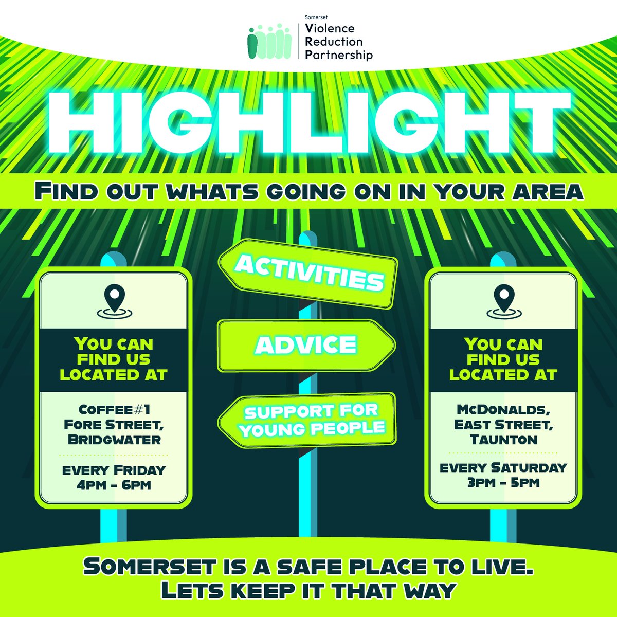 Worried about town centre violence? Young people, parents and guardians are invited to drop into our youth hubs in #Bridgwater and #Taunton. They are a safe space where you can get help and advice.