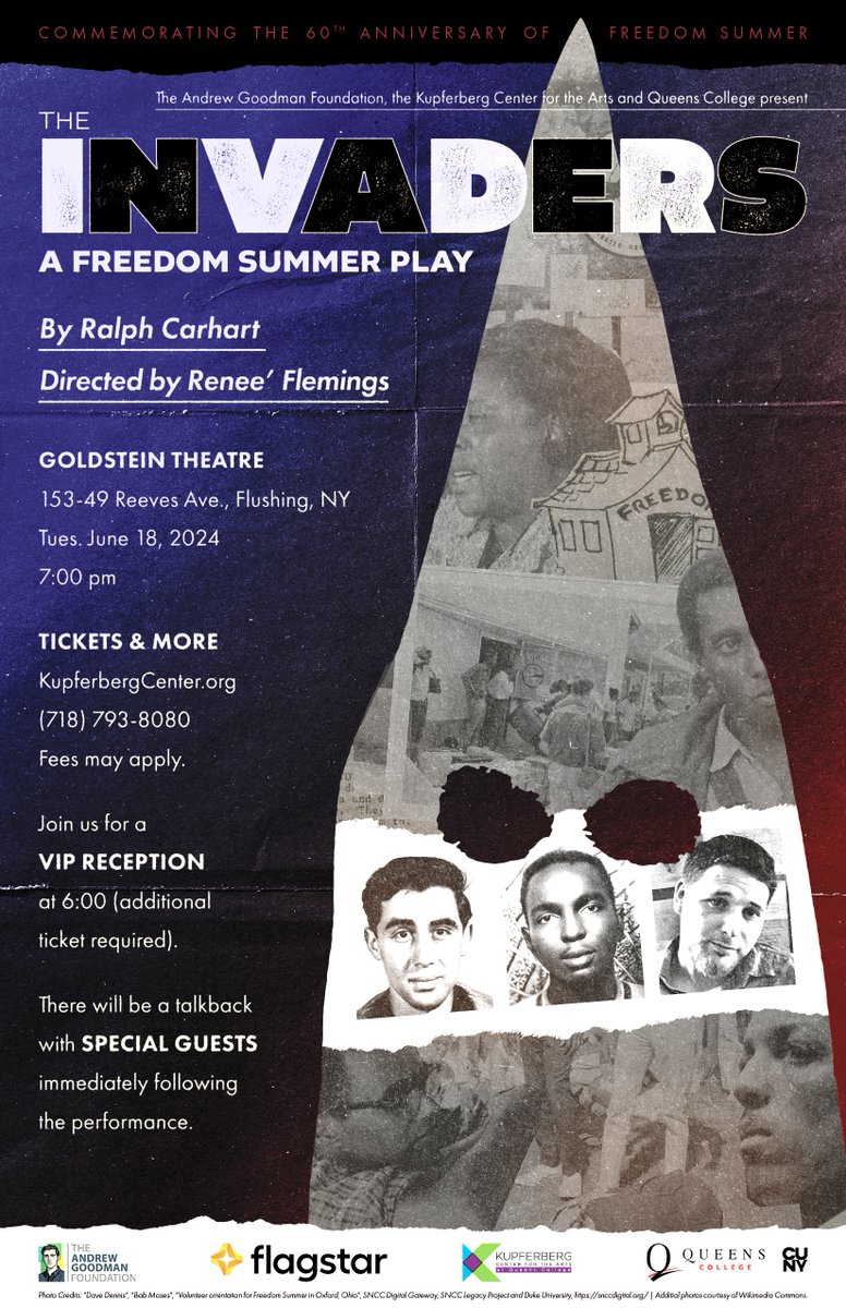 In June 1964, QC student Andrew Goodman and his fellow civil rights activists James Chaney and Michael Schwerner were murdered for registering Black voters as part of the Freedom Summer Project. 'The Invaders' tells their story. Tickets are on sale now. ow.ly/MGBQ50RzRCY