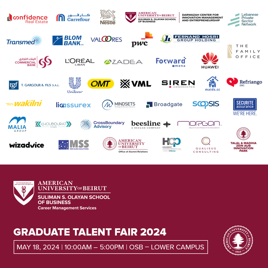 Check out the stellar lineup of renowned companies participating in the 2024 Graduate Talent Fair. Don't miss your chance to network with industry leaders! Register now: bit.ly/4dclYtD
#AUB #OSB #CareerManagementServices #OSBGraduateTalentFair #GraduateTalentFair2024