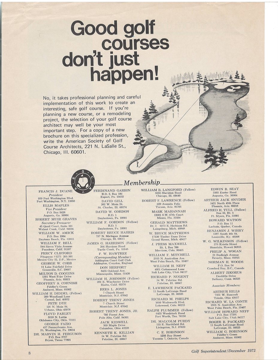 #Tbt 1972 ad promoting @ASGCA, featuring Executive Committee members Duane, Maples & Graves. Some of these names have left us, but their designs will be enjoyed by golfers for generations to come.