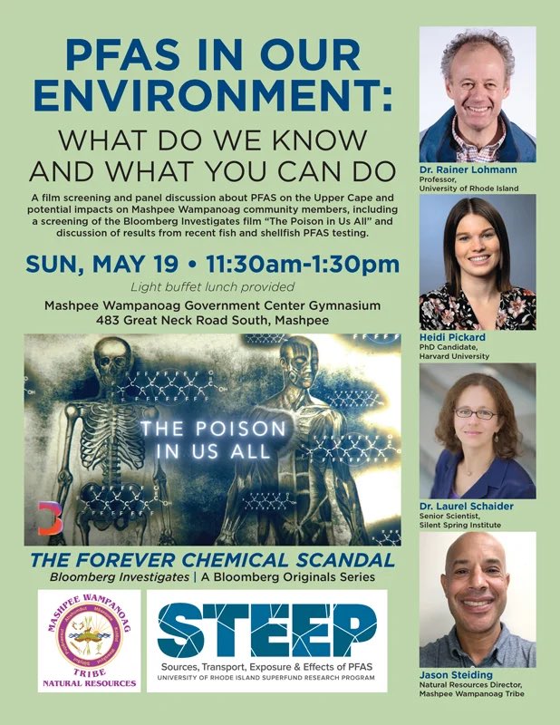 This Sunday May 19th our film screening about #pfas on the Upper Cape and potential impacts on Mashpee Wampanoag community members will be accompanied by an incredible panel discussion! You don’t want to miss this!! #fish #shellfish #superfund #niehs