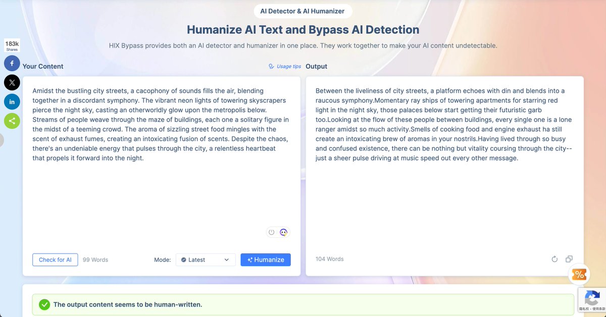 tuturetom's tweet image. 如何借助 ChatGPT 写出拟人化的文章？学术福音！🥳

看到个很有意思的 Hack 思路：

1. 先用 ChatGPT 写一段内容
2. 然后使用 @Turnitin 、 @GPTZeroAI 等检测器检测，100% 识别为 AI 生成
3. 接着 Copy 内容到 @HIXBypass 进行拟人化重写
4. 然后再将内容丢进 turnitin、gpt-zero 检测就可以通过了