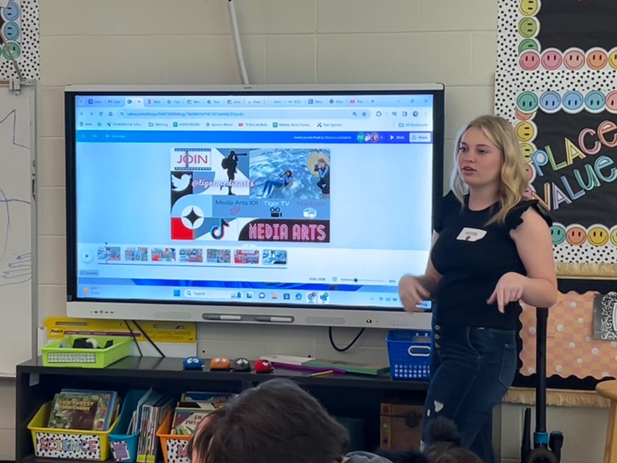 Peyton presenting @CESTigerPride Career Day on behalf of the Media Arts program. She is definitely going to get them pumped up for HS. @PickawayRossCTC 🎞️ 📸 🐾