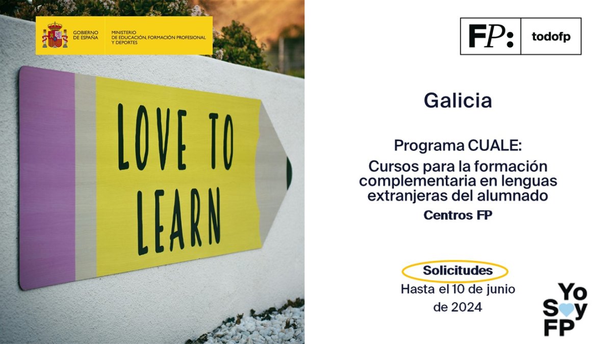 📢 #FPGalicia Programa CUALE: Cursos para la formación complementaria en lenguas extranjeras del alumnado. Curso 24-25. Centros FP #TodoFP #YoSoyFP 🔴 Solicitudes: hasta el 10 de junio de 2024 🔎 edu.xunta.gal/programaseduca…