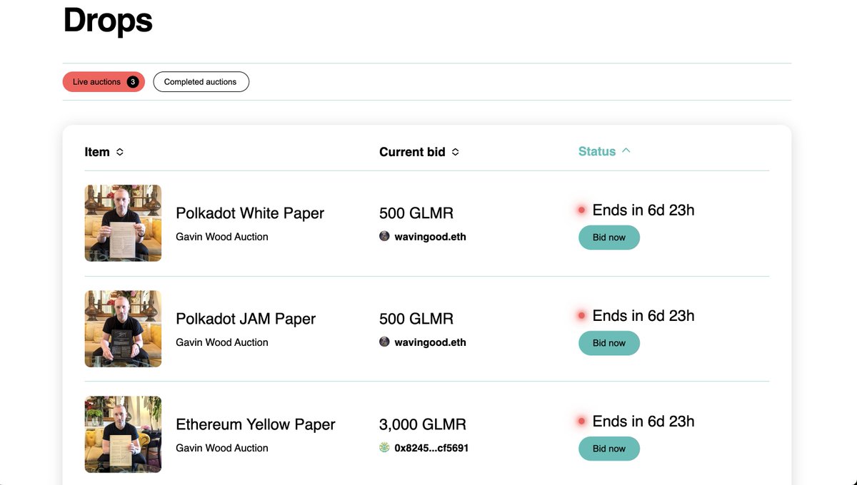 🚨 WE ARE LIVE! 🚨 gavinwood.gbm.auction/auctions This set of historic Bid-to-Earn Auctions are now underway on the @MoonbeamNetwork. Place your bids if you want to get your hands on one of these unique pieces of blockchain history, signed and annotated by @Polkadot creator Dr.