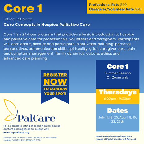 Introduction to Hospice Palliative Care Summer 2024 session beginning Thursday, July 11th to Thursday August 29th Via Zoom Only.  Register now at mypalcare.org

#mypalcare #education #palliativecare #coreconcepts1 #workshops #PalCare #training