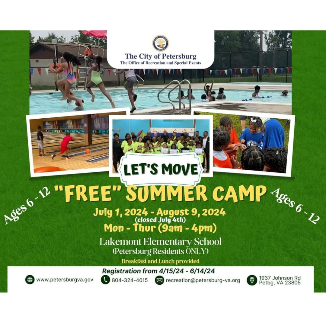 🌞 Get ready for a summer of fun at Lakemont Elementary School's free summer camp for Petersburg residents! From July 1 to August 9, kids ages 6-12 can join us for a jam-packed schedule of activities on Mon - Thur from 9 AM - 4 PM! Be sure to sign up by June 14! 😎🌊