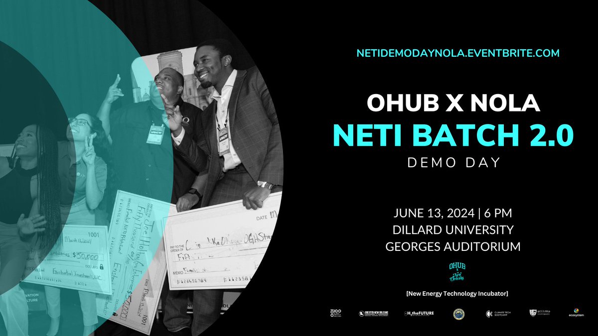 OHUB x NOLA's NETI Batch 2.0 Demo Day is coming to @DU1869 on June 13th. Be part of the city’s largest equity investment in disadvantaged climate tech and new energy founders. #NOLA #ClimateTech ow.ly/xpQQ50RHzr9