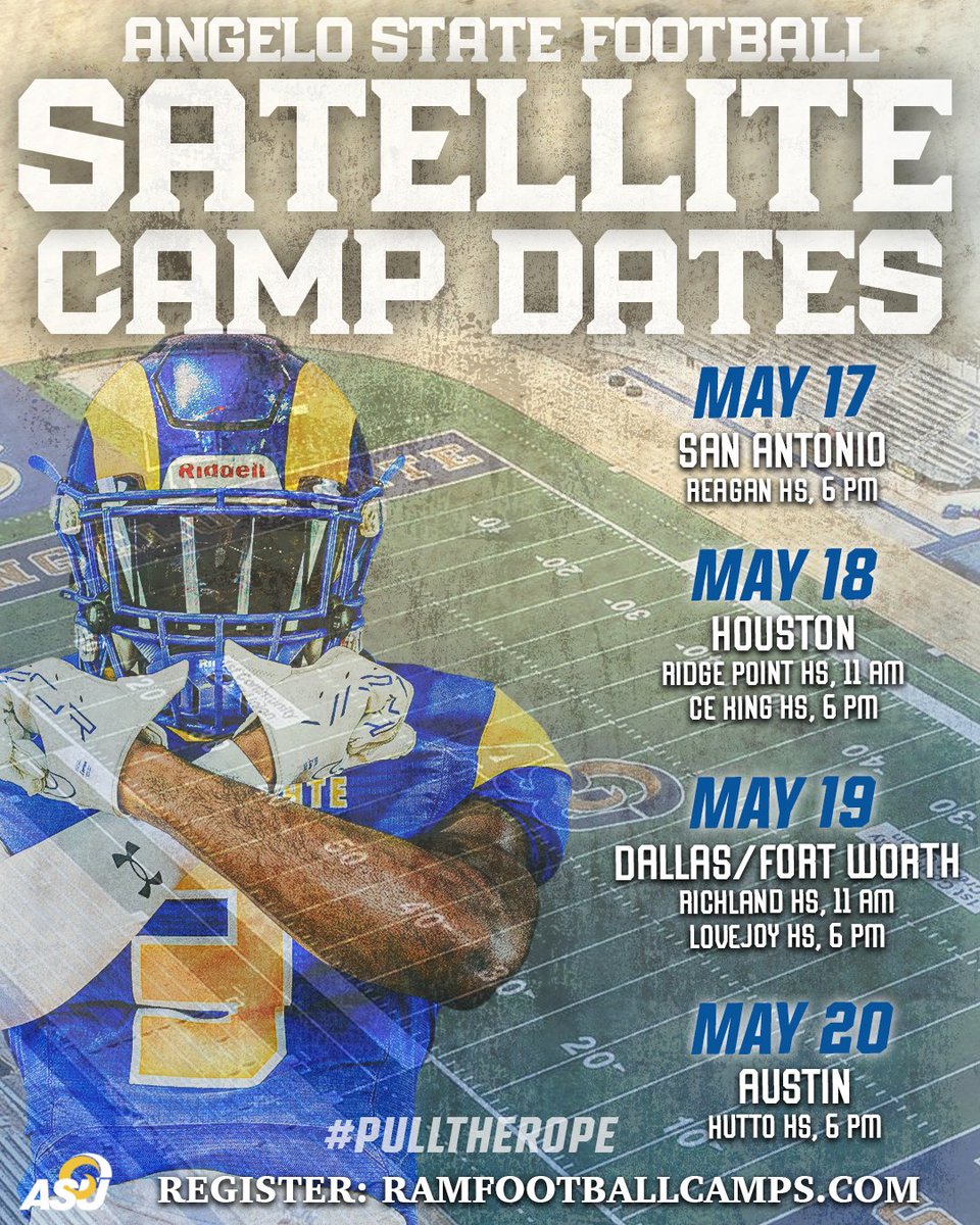🚨🚨 Tomorrow is the day! San Antonio, you're up first!! 🔥🔥 

Looking forward to seeing the talent across the state of TEXAS!! 

ramfootballcamps.com to register

#WinTheDay | #PullTheRope