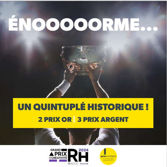 Hier soir, le palmarès du Grand Prix de la Créativité RH 2024, organisé par <a href="/ACCE_Asso/">ACCE</a> a été dévoilé.

Pour découvrir les prix remportés par l'agence : precontact.fr/blog/

Un grand merci  à nos clients pour leur confiance !

 #GPCRH2024  #CréaRH #Recrutement #ComRH