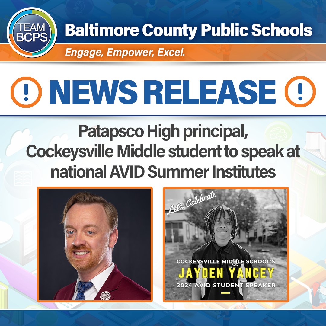 👏 @PatapscoHSCFA Dr. Scott Rodriguez-Hobbs is the first #TeamBCPS principal ever selected as an AVID national educator speaker! @CockeysvilleMS student Jayden Yancey will be the featured student speaker at the AVID Summer Institute. News Release ➡ ow.ly/cZhf50RIh4j