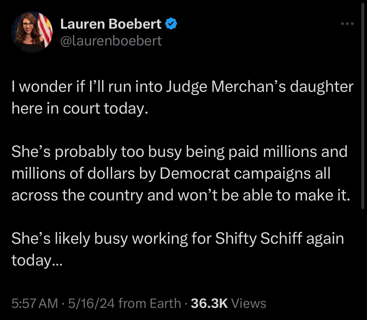 Lauren Boebert can’t be bothered to show up at her son’s court proceedings. But she is more than willing to show up at trump’s trial and smear Judge Merchan’s daughter. Utter. Fucking. Trash.