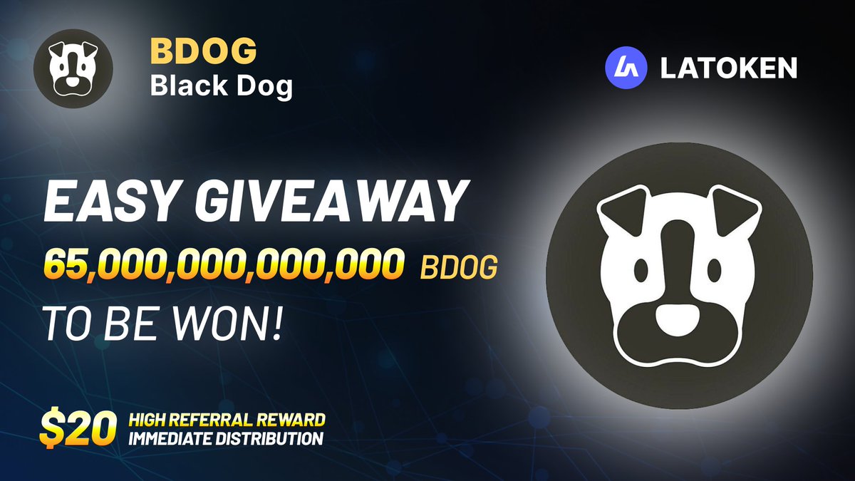 🏆 65,000,000,000,000 BLACK DOG (BDOG) EASY GIVEAWAY on LATOKEN! ✅ Complete all tasks and qualify for the Airdrop. 📲 Share with 5 Friends and Follow. ⏰ May 16, 2024 - May 23, 2024. 🎁 Distribution will be on 23 May, 2024 👉 JOIN GIVEAWAY (go.latoken.com/dyte/9cd9)