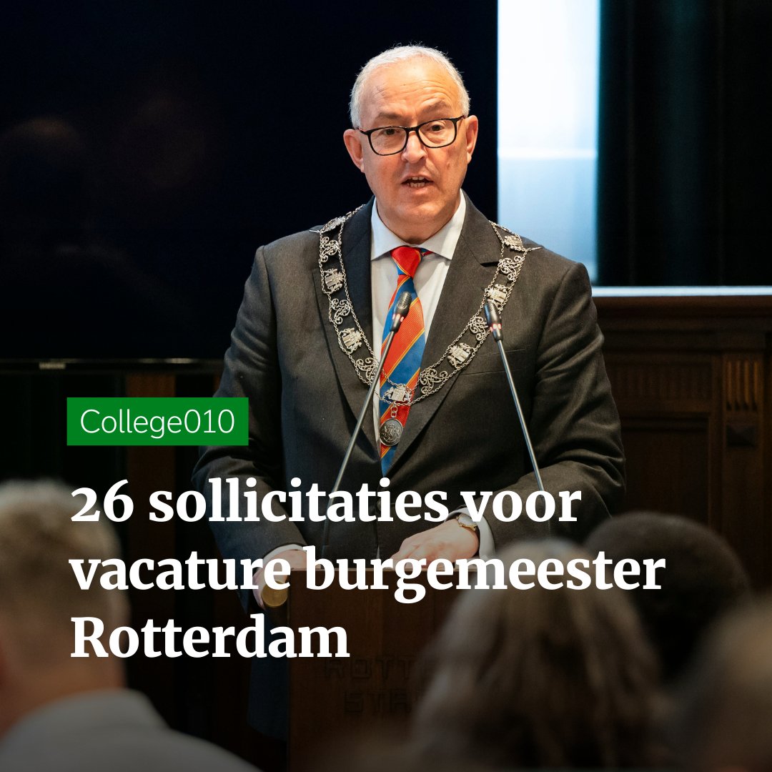 Zestien mannen en tien vrouwen solliciteren als burgemeester van <a href="/Rotterdam/">Gemeente Rotterdam</a> nu Ahmed Aboutaleb per 1 oktober vertrekt. Commissaris Jaap Smit maakt een  selectie en bespreekt met <a href="/gemeenteraad010/">gemeenteraad van Rotterdam</a>. De nieuwe bgm start waarschijnlijk op 10 oktober. 

🔗 rijnmond.nl/nieuws/1829532…