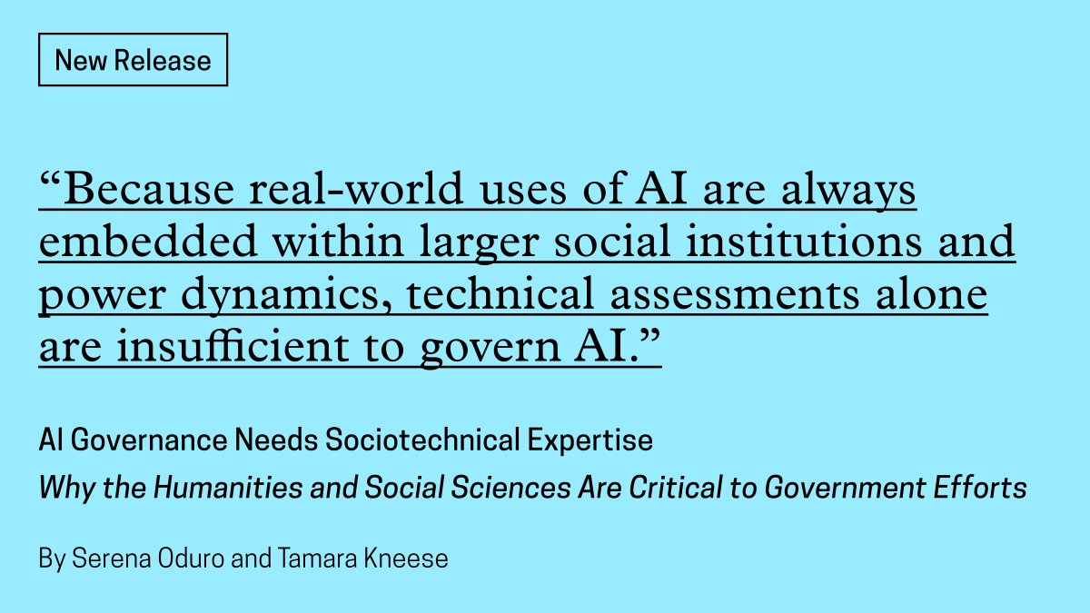 Data & Society (@datasociety) on Twitter photo 📣New policy brief! Successful AI governance requires expertise in the *sociotechnical* nature of AI systems. <a href="/SerenaOduro/">Serena Dokuaa Oduro</a> & <a href="/tamigraph/">Tamara Kneese</a> outline why the humanities & social sciences are critical to government efforts, and offer a set of recommendations. 1/4 datasociety.net/library/ai-gov… 📣New policy brief! Successful AI governance requires expertise in the *sociotechnical* nature of AI systems. <a href="/SerenaOduro/">Serena Dokuaa Oduro</a> & <a href="/tamigraph/">Tamara Kneese</a> outline why the humanities & social sciences are critical to government efforts, and offer a set of recommendations. 1/4 datasociety.net/library/ai-gov…