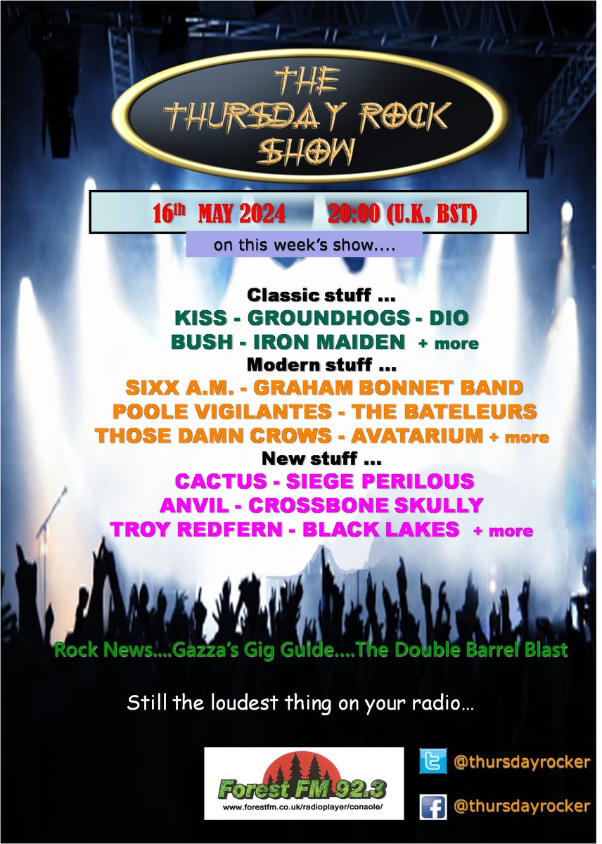 Just announced! @thursdayrocker #radioshow @ForestFM today 8pm (UK) stream forestfm.co.uk/radioplayer/co… feat. @bushofficial @kiss @IronMaiden @_avatarium @PooleVigilantes @TBateleurs @SixxAM @ThoseDamnCrows @TroyRed7 @AnvilMetal666 @siegeperilous @BlackLakesUK @CrossboneSkully + more!