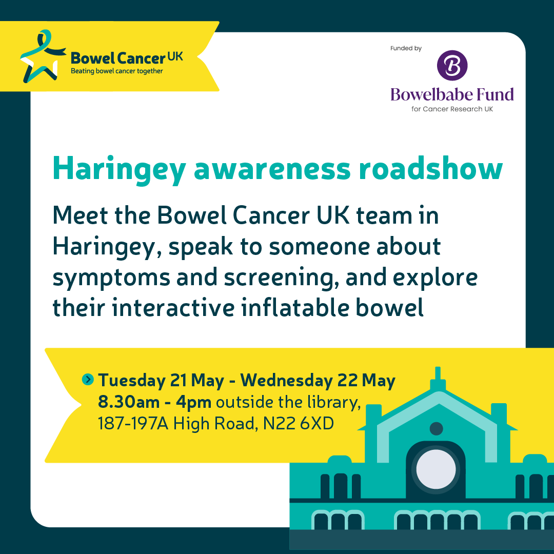 We’re helping @bowelcanceruk raise vital awareness of #BowelCancer! They’ll be in #Haringey from 21 – 22 May to chat all things bowel cancer, from the key symptoms to look out for, to the importance of doing your screening test. Find out more: bowelcanceruk.org.uk/how-we-can-hel…