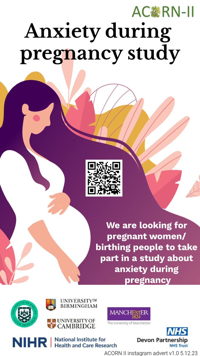 Are you #12WeeksPregnant? Live in #Devon? ➡️Take part in a study on #anxiety during pregnancy, testing out a group based psychological therapy for pregnant women/birthing persons and their partners/close supporters. Find out more: 📨dpt.acorn@nhs.net 💻acornii.co.uk
