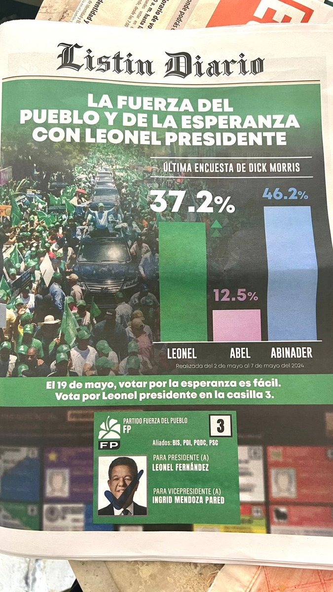 ATENCIÓN PAÍS | ASI cerro la campaña Leonel Fernández rumbo al Palacio Nacional, según última encuesta de DICk MORRIS experto norteamericano.👇👏🏻 Leonel 37.2% Abinader 46.2% Abel 12.5% @FPcomunica #LeonelFernández #Vota3