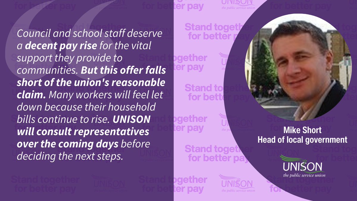 Council and school staff pay offer falls short, says UNISON Local government employers in England, Wales and Northern Ireland today announced a pay offer of at least £1,290 for council and school staff - falling short of our claim UNISON head of local government @MikeShort8: