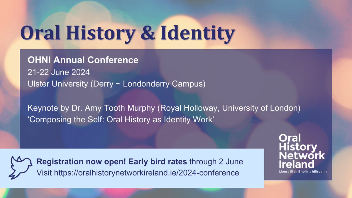The programme for our annual conference taking place in @UlsterUni Derry 21-22 June is now available through our website. Register before 2nd June to be eligible for early bird rates #OralHistory #Derry #Londonderry oralhistorynetworkireland.ie/2024-conference