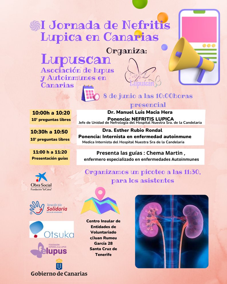 ¡Jornadas sobre Nefritis Lúpica! ¡Nos complace anunciar las próximas jornadas dedicadas a la nefritis lúpica! Estas jornadas están diseñadas para brindar información crucial sobre esta enfermedad autoinmune que afecta a muchos miembros de nuestra comunidad. Otsuka