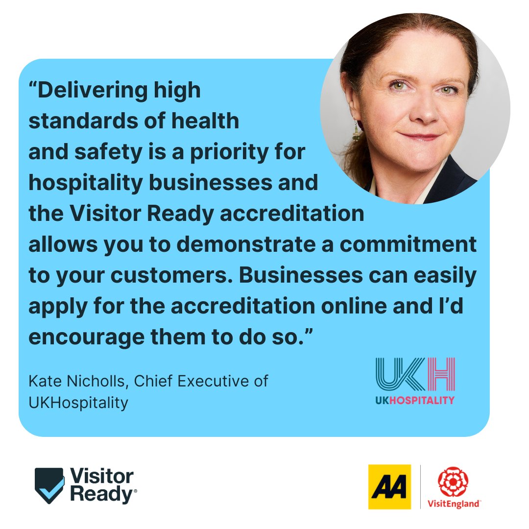 “Delivering high standards of health and safety is a priority for hospitality businesses. Businesses can easily apply for the accreditation online and I’d encourage them to do so.” - @UKHospKate, CEO, @UKHofficial Sign up for #VisitorReady today > tinyurl.com/39zubnbc