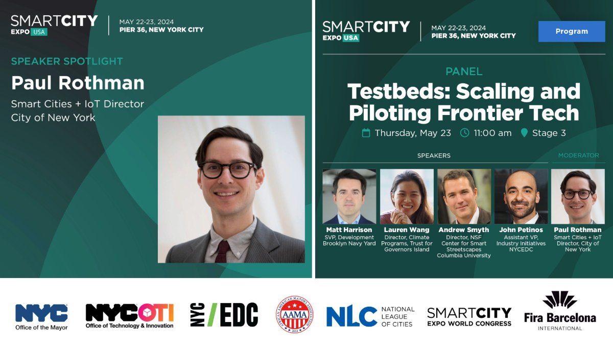 #NYCOTI Smart Cities Director Paul Rothman will lead a dynamic #SCEUSA24 panel on tech + innovation in NYC on May 23 featuring officials from @NYCEDC, @BklynNavyYard, @Gov_Island, and @CS3_NSF. Learn more: on.nyc.gov/3yigqh7