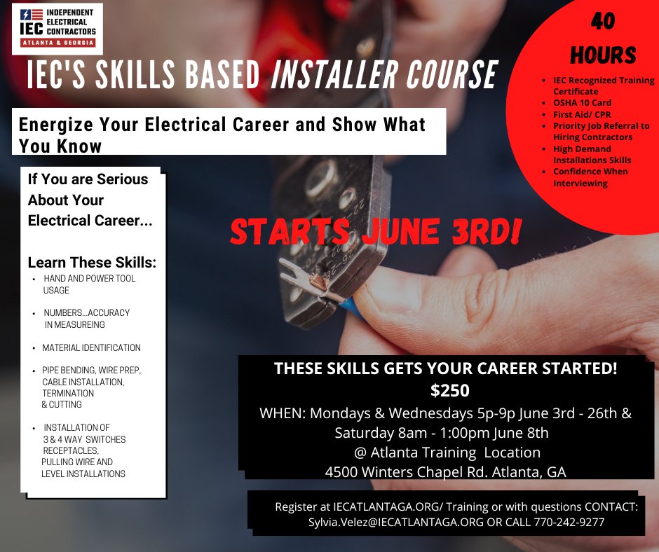 IEC helps you start your electrical career! iecatlantaga.org/classes/june-3… #electrical #trainnewworkers #workforcesolutions #iecatlga #basicskills