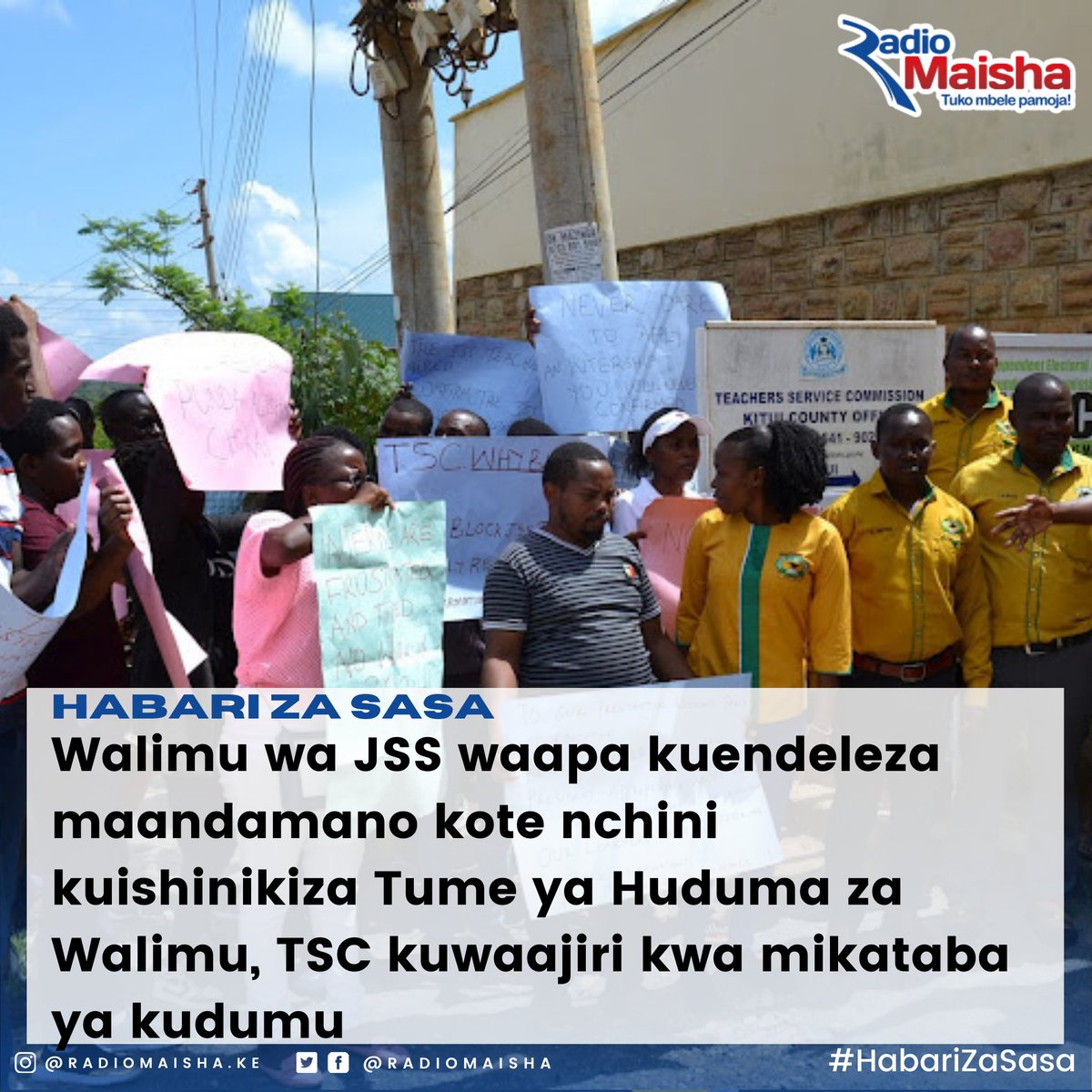 #HabariZaSasa 
Walimu wa Sekondari Msingi JSS sasa wameapa kuendeleza maandamano  kote nchini hadi pale Tume ya Huduma za Walimu TSC itakapowapa kandarasi za  kudumu. 
#MaishaNiBoraZaidi 
#RadioZaidiYaRadio 
#NzulaNaOkumu