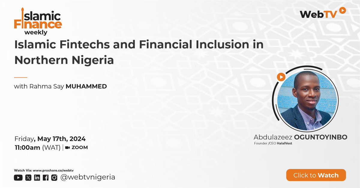 Join Rahma Say Muhammed on this week's episode of #IslamicFinanceWeekly as she discusses 'Islamic Fintechs and Financial Inclusion in Northern Nigeria' with Abdulazeez Oguntoyinbo - Founder/CEO @halal_vest.

Don't miss this insightful discussion! 
⏲️: 11 a.m. 
Friday, May 17th.