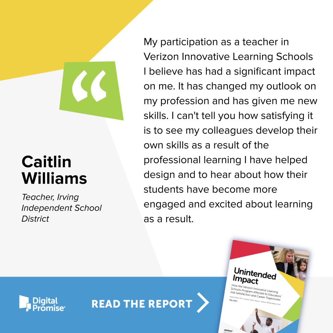 “Being a #dpvils teacher leader in @IrvingISD has given me a huge leg up as I contemplate becoming an instructional tech coach,” says Caitlin Williams. See how #VerizonInnovativeLearning has prepared Cailtin for future opportunities in our new white paper: bit.ly/3UGzJbl