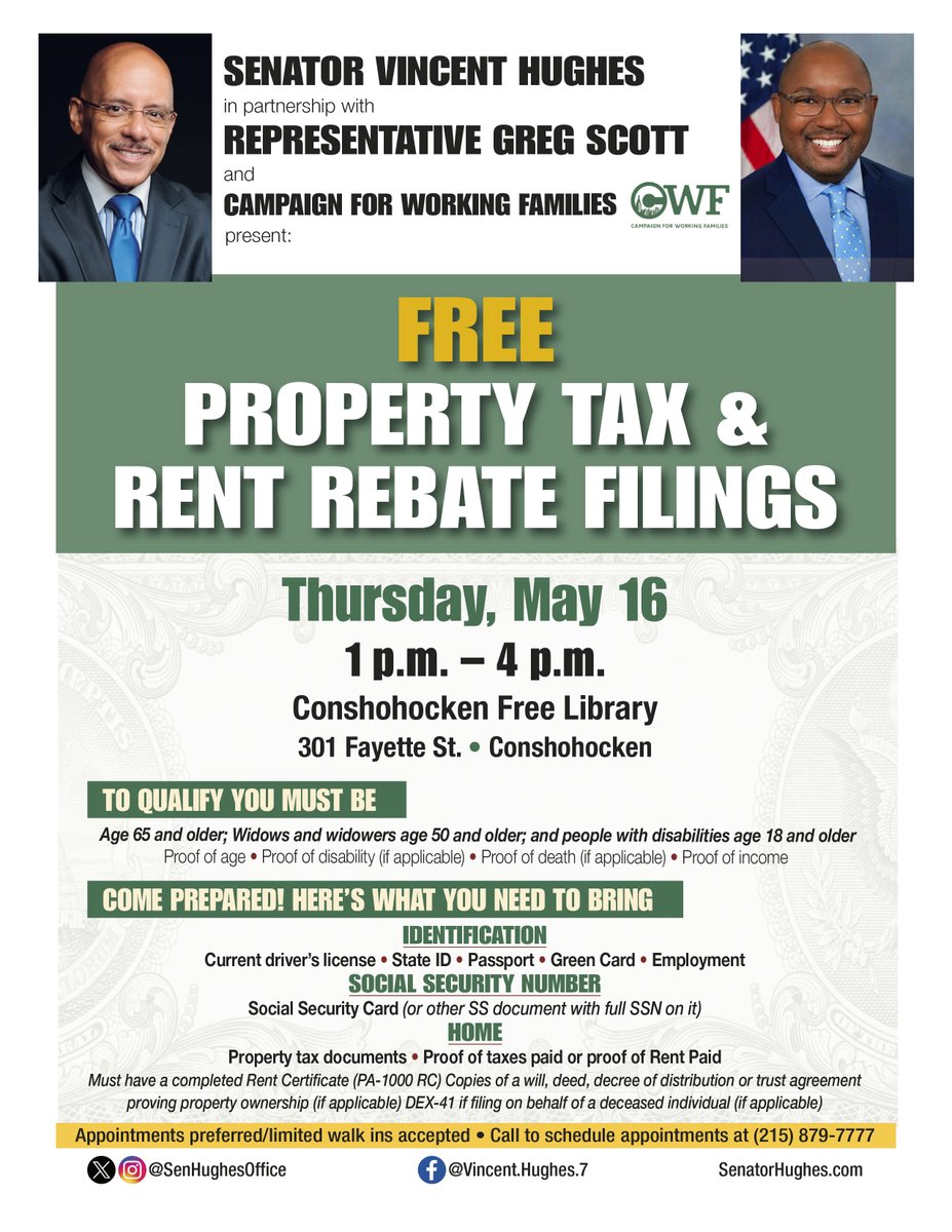 TODAY from 1PM-4PM, community members in Conshohocken and Whitemarsh are invited to join us for FREE help with Property Tax and Rent Rebate Filings. Learn more about the event on our website or give our district office a call! senatorhughes.com/event/ptrr-may…