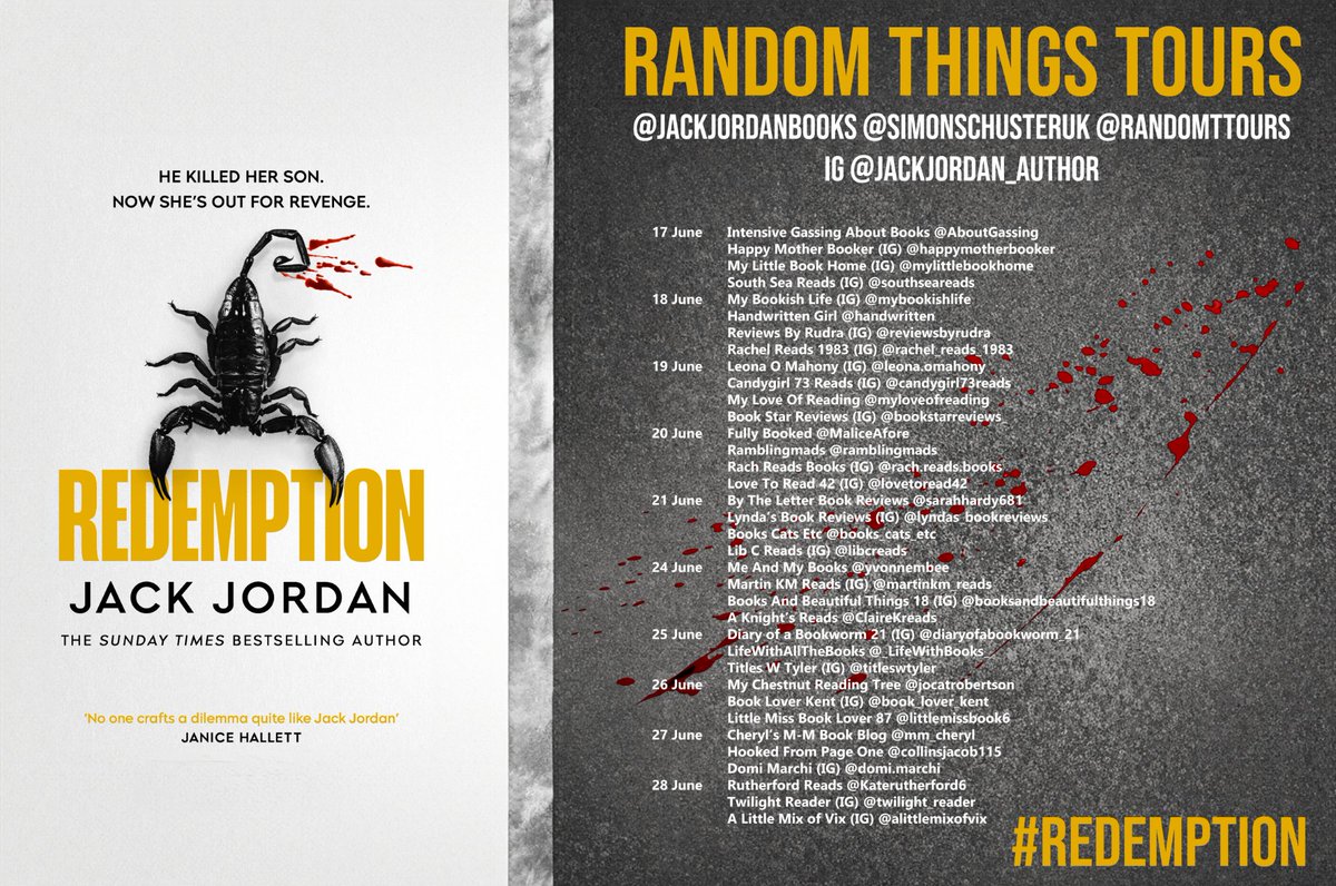 Delighted to organise this #RandomThingsTours Blog Tour for #Redemption by @JackJordanBooks with @simonschusterUK Begins 17 June @ramblingmads @mylilbookhome @ClaireKreads @_LifeWithBooks_ @jocatrobertson @mm_cheryl @collinsjacob115 @KateRutherford6