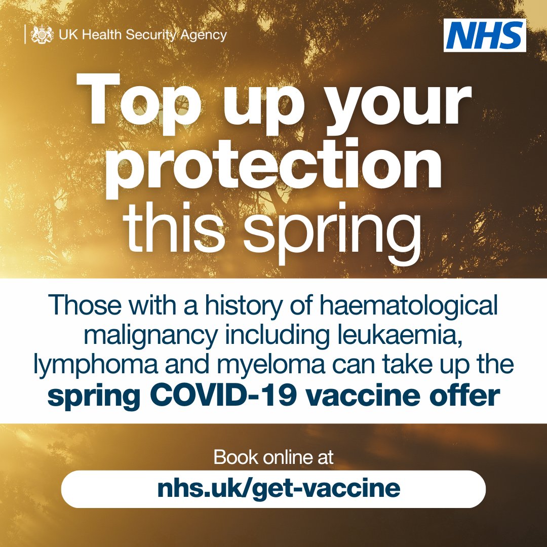COVID-19 vaccines are available this spring to people with blood cancer across the UK until 30 June 2024. Find out how to get a vaccine where you live on our website: bit.ly/3QPR5Bv