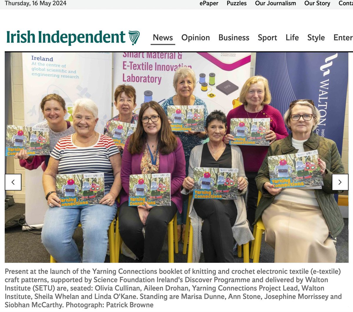 NATIONAL NEWS COVERAGE 👏 Congrats to the fantastic #YarningConnections team and participants for the project's full page-feature in @Independent_ie. The project was led by @WaltonInst @SETUIreland and funded by @scienceirl. 🗞️Find the article HERE: bit.ly/4dK4SDk.