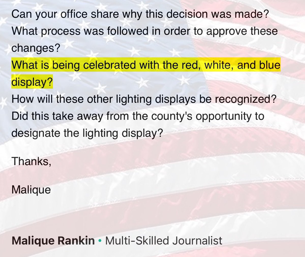 If you want to see the best question that I’ve received in weeks, check out the one I highlighted in this email about the @MyFDOT bridge lighting from @MaliqueRankin over @10TampaBay. An absolute all-timer, tbh. *Old Glory background added for effect*