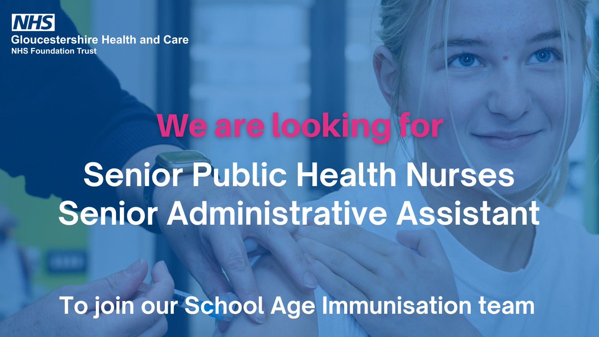 Gloucestershire Health and Care NHS FT (@gloshealthnhs) on Twitter photo Our School Age Imms team are looking to appoint 2 x Snr Public Health Nurses & 1 x Snr Admin Asst. Find out more 👇
Sr PHN (B6 - perm): bit.ly/3K0v3s2
Sr PHN (B6 - fixed term): bit.ly/3wroZpq
Sr Admin Asst (B3 - fixed term): bit.ly/3wF33ai <a href="/TeamImms/">Gloucestershire Imms Team</a> Our School Age Imms team are looking to appoint 2 x Snr Public Health Nurses & 1 x Snr Admin Asst. Find out more 👇
Sr PHN (B6 - perm): bit.ly/3K0v3s2
Sr PHN (B6 - fixed term): bit.ly/3wroZpq
Sr Admin Asst (B3 - fixed term): bit.ly/3wF33ai <a href="/TeamImms/">Gloucestershire Imms Team</a>
