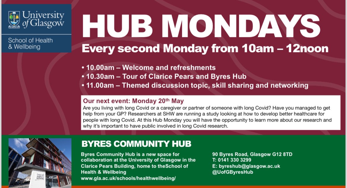 Hub Monday on Long Covid 20th May All welcome 90 Byres Road, G12 8TB @UofGSHW @UofGlasgow @NWGVSN @GlasgowCVS @WhatsOnGlasgow @Visit_WestEnd @AnnexeComm @PartickHA @NHSGGC @Maryhilltogeth1